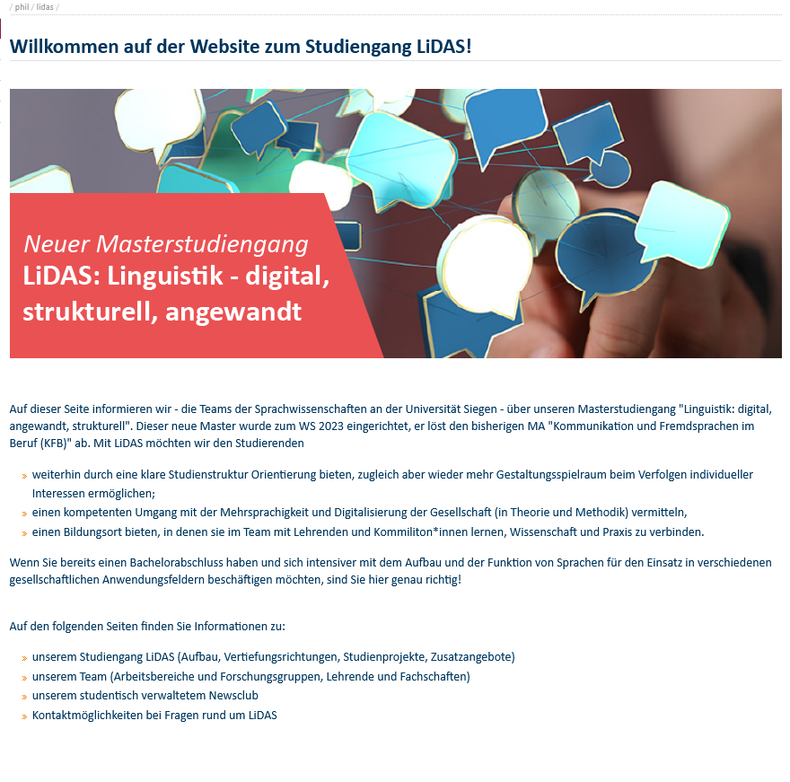 VogelFriedemann's tweet photo. Im kommenden #WS2023 startet @UniSiegen unser neuer #Master-Studiengang #LiDAS: "Linguistik: digital, angewandt, strukturell".
Bewerbungsfrist: 15.09.2023
Nähere Informationen unter:
https://t.co/bRQJvtzGLV
#Linguistik #Sprachwissenschaft https://t.co/tMB8NMF2uR