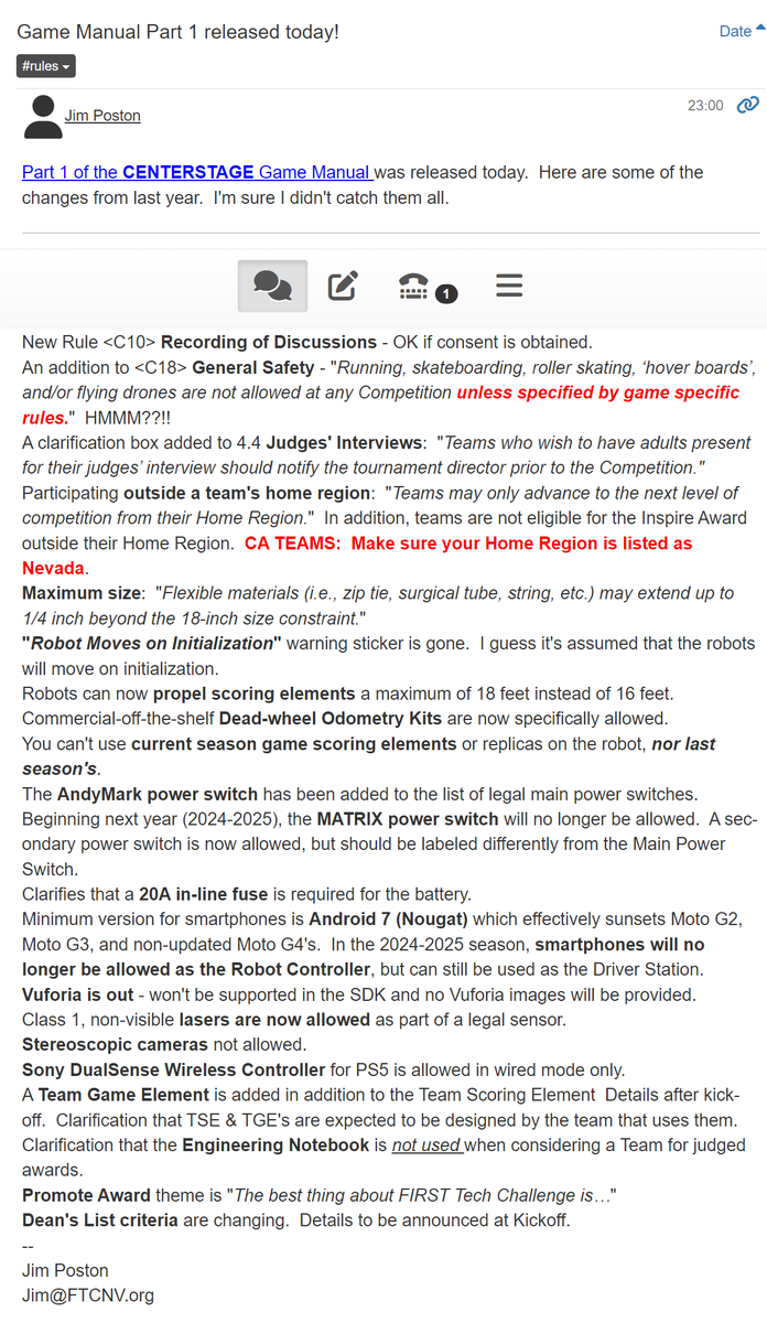 FTCNV1's tweet image. Game Manual Part 1 for #CENTERSTAGE is live!

@FTCTeams can advance ONLY from their Home Region.
#AprilTags this year.
Lasers OK.
Promote theme:  &quot;𝘛𝘩𝘦 𝘣𝘦𝘴𝘵 𝘵𝘩𝘪𝘯𝘨 𝘢𝘣𝘰𝘶𝘵 𝘍𝘐𝘙𝘚𝘛 𝘛𝘦𝘤𝘩 𝘊𝘩𝘢𝘭𝘭𝘦𝘯𝘨𝘦 𝘪𝘴…&quot;

Details:
groups.io/g/FTCNV/messag…

#OMGRobots