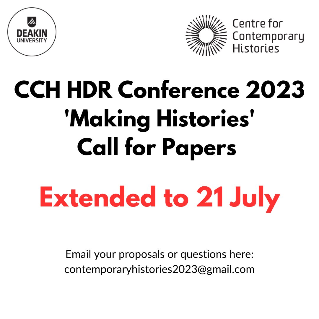 Ana Rosa Marginson (@anamarginson) on Twitter photo #CallForPapers EXTENDED for the Centre for <a href="/Contemp_History/">ContempHistories</a> HDR Conference 'Making Histories'. We are now open to proposals until JULY 21. See link for details!
chrg.deakin.edu.au/2023/06/centre⦠#CallForPapers EXTENDED for the Centre for <a href="/Contemp_History/">ContempHistories</a> HDR Conference 'Making Histories'. We are now open to proposals until JULY 21. See link for details!
chrg.deakin.edu.au/2023/06/centreā¦
