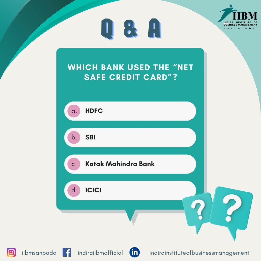 IndiraIIBM's tweet photo. Which bank used the “Net Safe Credit Card”?
Share your answer in the comments below ⬇️

#triva #quiz #quiztime #question #answer #iibm #mms #indiraiibm #india #sanpada #management #managementquiz #fun #tricky #game #college #followformore https://t.co/K51RDS7sfM