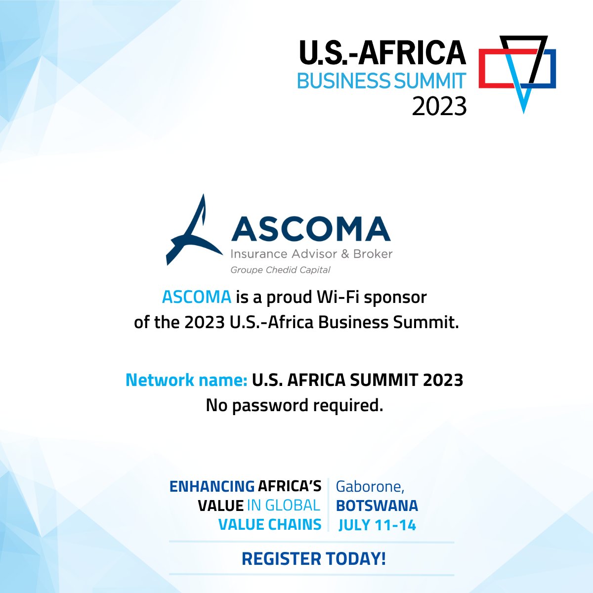 CorpCnclAfrica's tweet photo. Stay Connected at the U.S.-Africa Business Summit with FREE Wi-Fi, sponsored by Ascoma!
Network name: U.S. AFRICA SUMMIT 2023
No password required
#USAfricaBizSummit #USAfricaBusinessSummit2023 #connectivitypartner #Ascoma #USAfricaBusinessSummit https://t.co/SyCpGZ6nM2