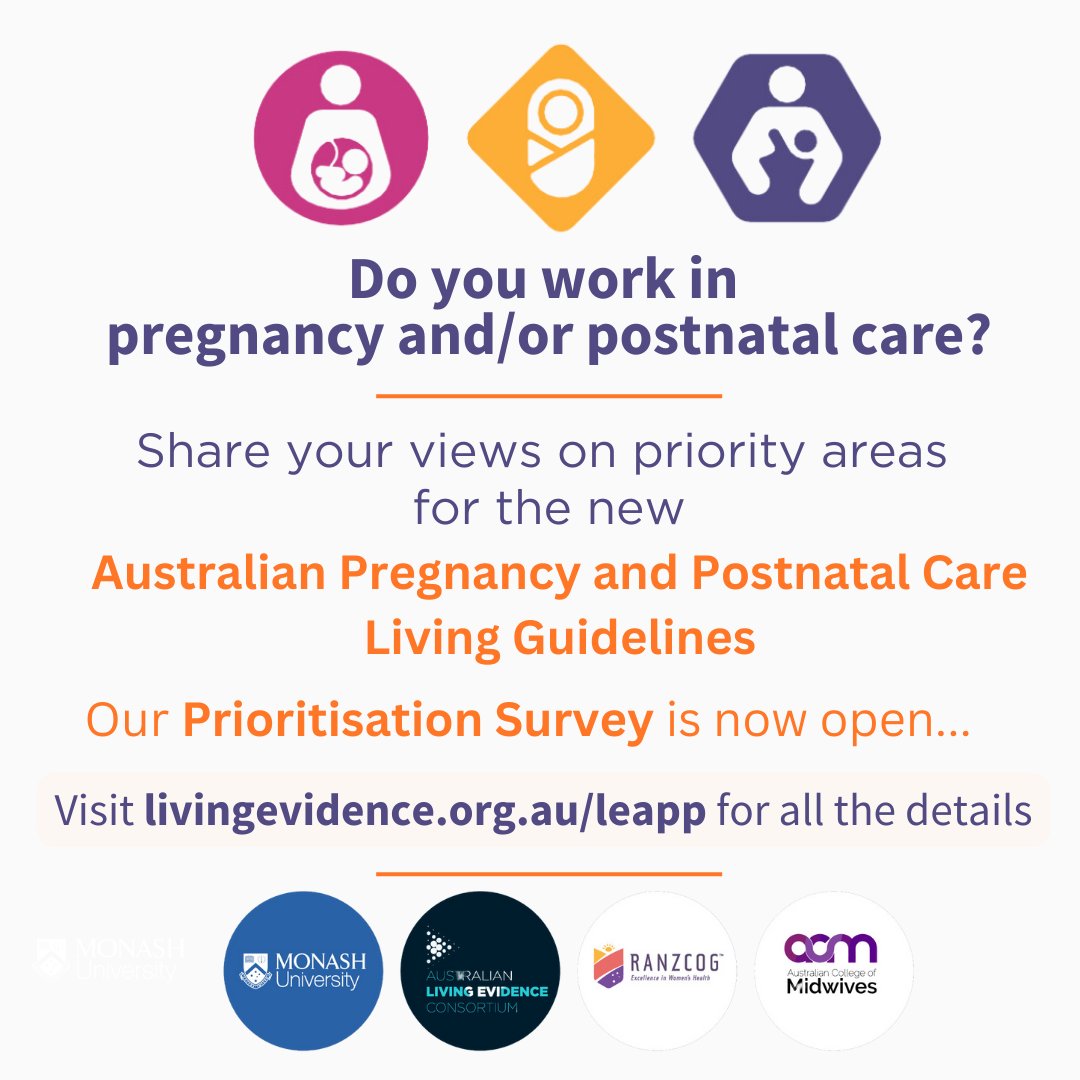 CochraneAus's tweet photo. Do you work in health providing #pregnancy and/or #postnatal care?

Why not share your views on what priority topics the new Australian Pregnancy and Postnatal Care Living Guidelines should cover...

Prioritisation survey now open! https://t.co/CCKqfWN0Ht https://t.co/XGAd9a4QCC