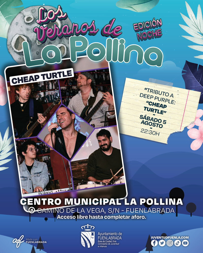 AytoFuenlabrada's tweet photo. Los Veranos en La Pollina. Edición Noche.
Tributo a Deep Purple con Cheap Turtle
📍 Centro Municipal La Pollina
📅 Sábado 5 de agosto a las 22:30 horas

Público juvenil
Apertura media hora antes del espectáculo
Entrada libre hasta completar aforo https://t.co/72eBEw7LDw