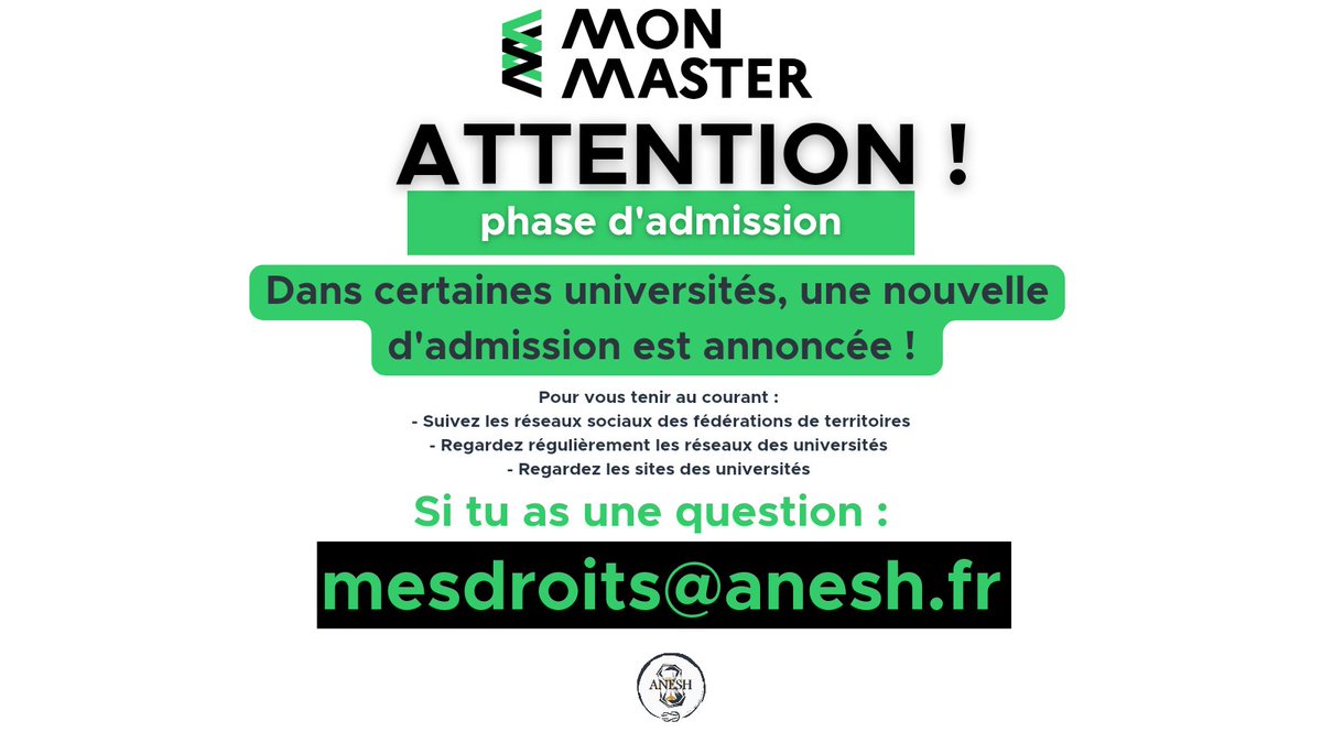 #MonMaster | Certaines universités remettent des places de #Master 1 en jeu avec une nouvelle phase d'admission ⚠️

📩 Si tu as des questions ou besoin d'accompagnement : mesdroits@anesh.fr