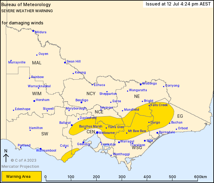 VIC Severe Weather Warning: Damaging Winds. Bacchus Marsh, Mt Baw Baw, Falls Creek, Mt Hotham, Mt Buller and Omeo. #severeweather #ewnalerts #ewn #alert #severewx #VIC #vicwx bit.ly/44sf8eM