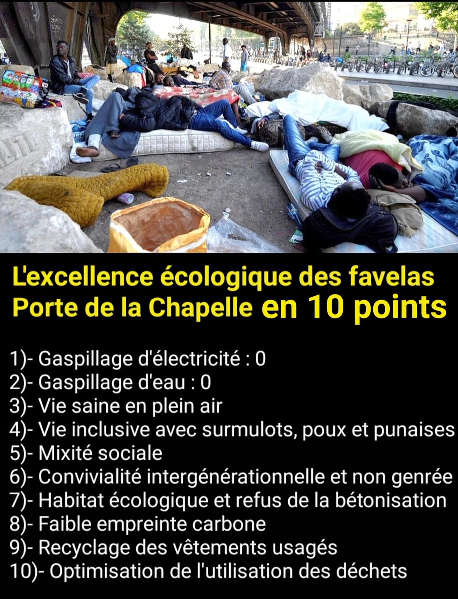 f_asselineau's tweet photo. 🚨ET LE STADE D'APRÈS ?
Sans doute multiplier les bidonvilles, favelas et habitats en carton dans toutes les villes de France.
Comme le montre l'exemple des logements de migrants Porte de la Chapelle à Paris,ce type d'habitat non patriarcal offre 10 points d'excellence écologique https://t.co/QqAFi6VWhm