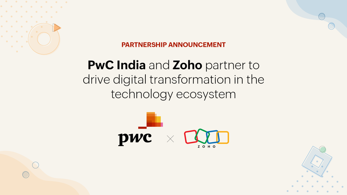 Zoho's tweet photo. We're thrilled to partner with PwC India. ✨ 

With this, we aim to help medium to large enterprises in the country accelerate their digital transformation journey, enabling them to gain a competitive edge in the market. 👉 https://t.co/VkWXT31G1h https://t.co/WorxEr8Dji