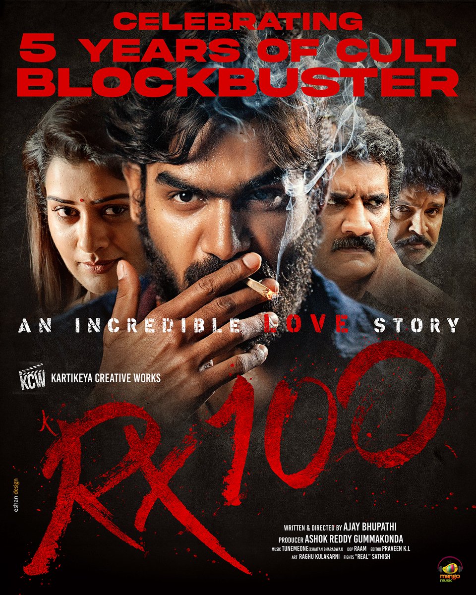 It's been 5 years & our lives changed forever 🔥

#5YearsForRX100 ❤

#RX100 @starlingpayal @DirAjayBhupathi #AshokReddy
@chaitanmusic @Cinemainmygenes @kcwoffl @PulagamOfficial @MangoMusicLabel