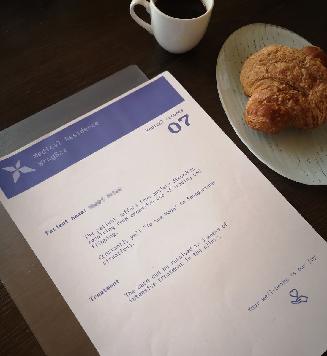 WrngBzz's tweet photo. GM dears☕️
Another patient arrived at the clinic this morning and we will be taking care of him 🏥💊
SYMPTOMS: Constantly yells "To the moon" in inopportune situations.
👉If your friend have similar symptoms, don't be afraid, tag him. We can help you.
#newdrop #hypecanwait https://t.co/BrtMwwfI8s