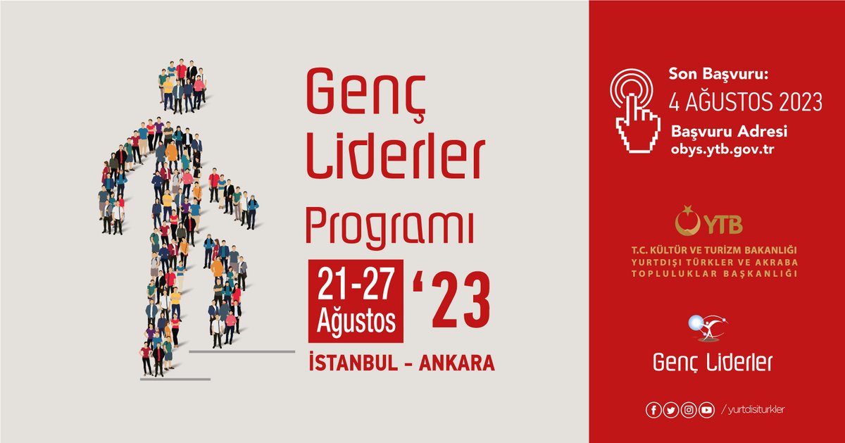 TiflisEgitim's tweet image. Yurt dışında yaşayan Türk gençlerimize yönelik 21-27 Ağustos tarihleri arasında düzenlenecek &quot;Genç Liderler 2023&quot; programı başvuruları başladı. 📢 
Son başvuru🗓️ 4 Ağustos 2023  

Detaylı bilgi için⬇️ dkp.ytb.gov.tr/haberler/genc-…

@tcmeb @mebabdigm @mebyyegm @TCTiflisBE