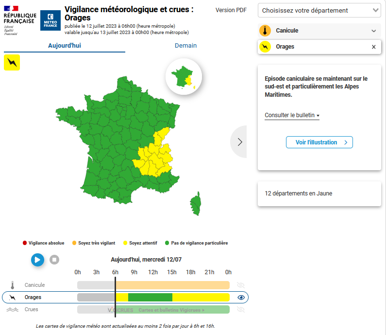 ⚠️#Mercredi 12/07

🟠🌡️ #Vigilanceorange #canicule
1 dép
➡️Episode caniculaire se maintenant sur sud-est, particulièrement Alpes Maritimes.

🟡 ⛈️ #Vigilancejaune #orages 
12 dép
➡️Nouveaux orages prévus sur centre-est mais moins forts que ceux d'hier.

👉vigilance.meteofrance.fr