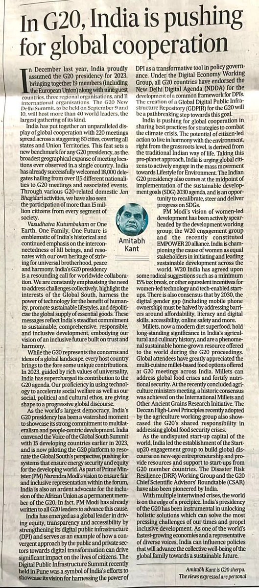 amitabhk87's tweet photo. My article in todays HT on the India narrative during our #G20 Presidency. PM @narendramodi’ s emphasis on voice of global south, LIFE, Millets, Women-Led Development have enriched discussions. https://t.co/NdbI4lFSPr https://t.co/SQWkgSEqRq