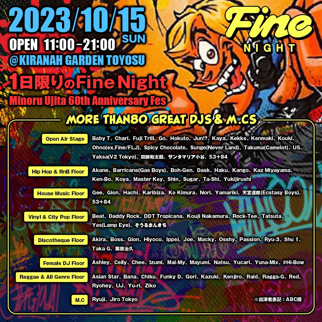 dj_ziko's tweet photo. いよいよ！本日、チケット発売開始です！🔥
10月15日(日) @djminoru.u 宇治田みのるさんの60th Anniversary Fes！
1日限りのFine Nightの全貌が明らかに！🔥
是非、10/15(日)は皆なさん一緒に盛大にお祝いしましょう♪ 🎉🎂✨🥂😊 https://t.co/pGJhXkQOmP