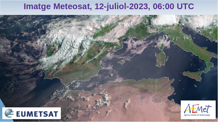 AEMET_Baleares's tweet photo. Avui dimecres, a #IllesBalears, pols en suspensió, com es veu a la imatge del satèl·lit.

Temperatures encara altes, especialment al sud  de #Mallorca, on es pot arribar als 39ºC. Se notarà una baixada al nord de les illes degut al vent de nord-est.

https://t.co/c9dazv1DFJ https://t.co/0U8fzZXPNr