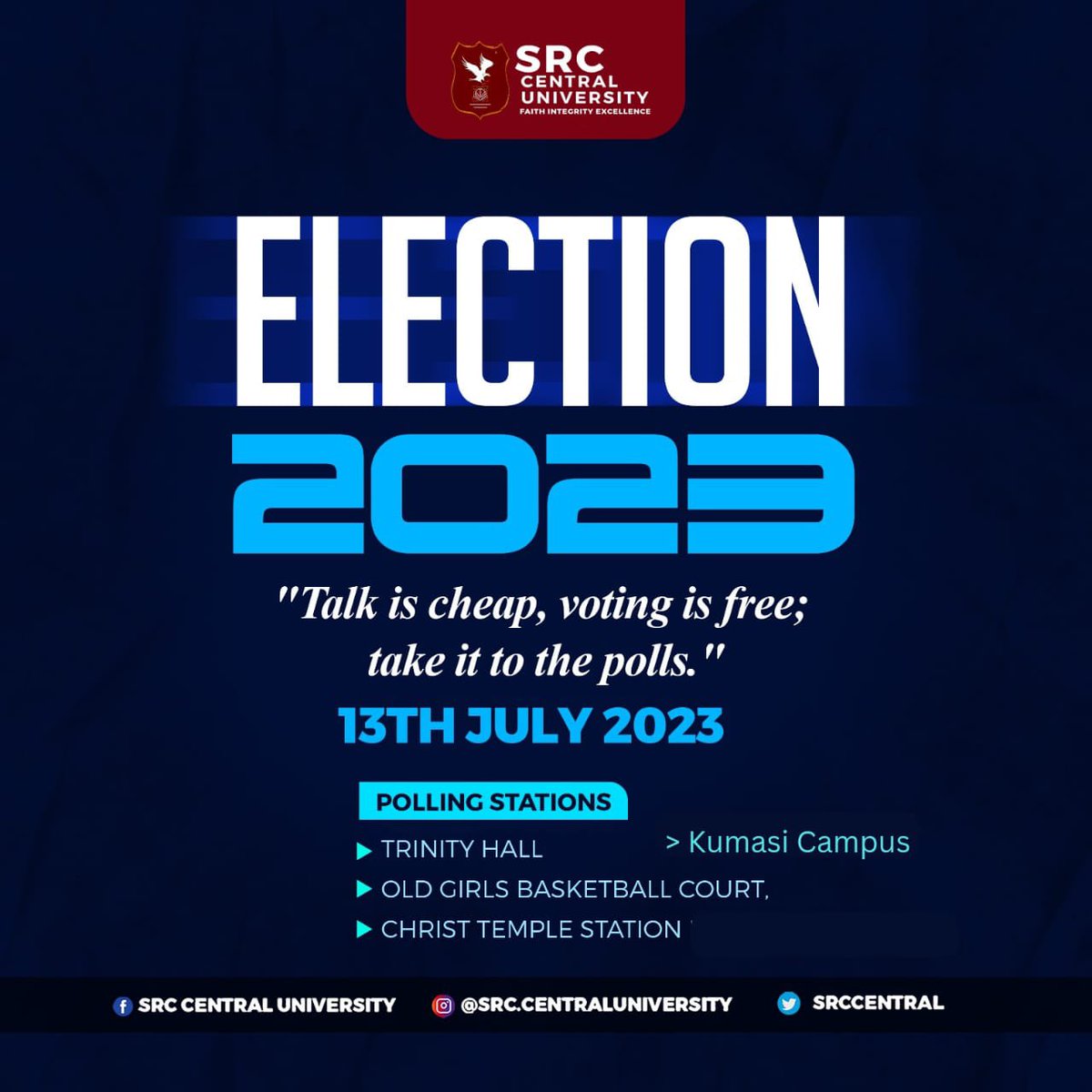 SrcCentral's tweet photo. This Thursday the 13th, Central University decides who leads the Student Body.
Come to the various campus polling stations with your Student ID Cards only. 
Voting rules will be strictly enforced for a smooth process.
Come out and vote!
#CUelections #CUdecides #CUsrc https://t.co/iMu2zc9OmV
