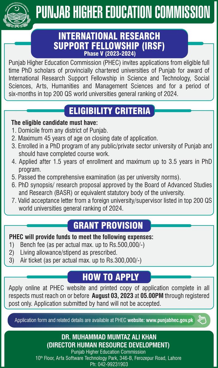 PHEC_official's tweet photo. Punjab Higher Education Commission invites applications from eligible full-time PhD scholars of provincially chartered universities of Punjab for the award of International Research Support Fellowship in Science and Technology, Social Science, Arts, Humanities and Management Sciences and for a period of six-month in the top 200 QS world universities general ranking 2024. For more details, visit https://t.co/ClOKRlYOwp