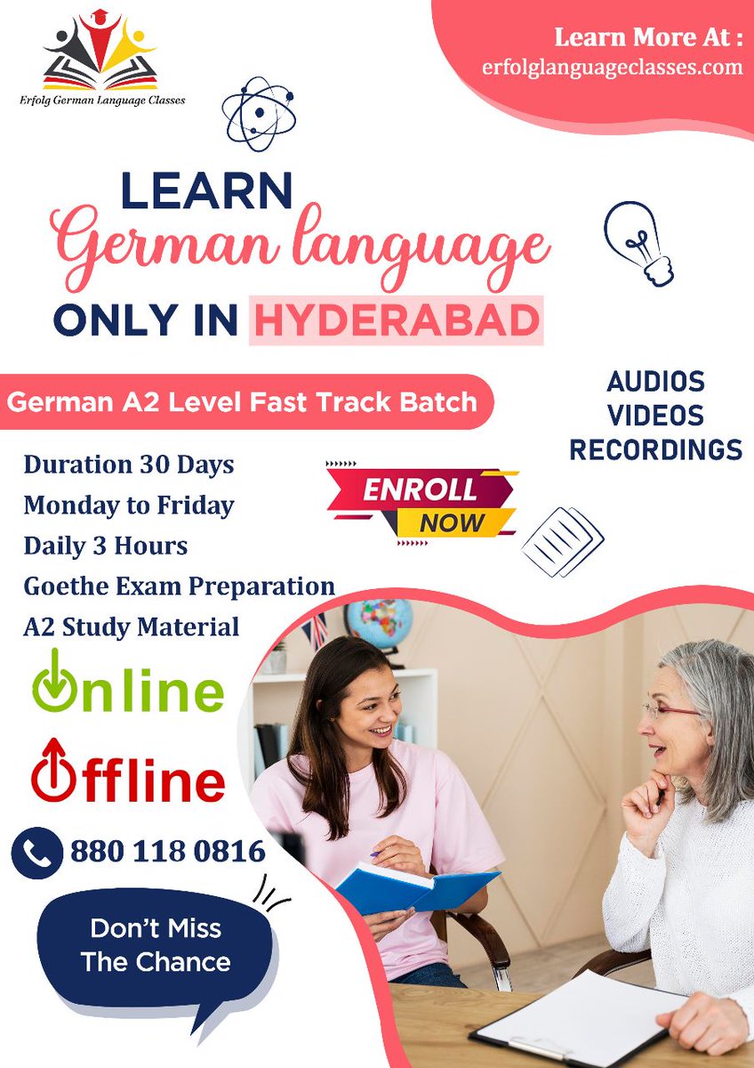 roshanagarwal6's tweet image. ๐ Join Best German Language Classes @Hyderabad! ๐ฉ๐ชโจ๐ Call 880 118 0816
Are you ready to embark on a linguistic adventure with Erfolg German Language Classes?
#ErfolgGermanLanguageClasses #GermanLanguageHyderabad #FastTrackLearning #LanguageMastery #GoetheExamPreparation