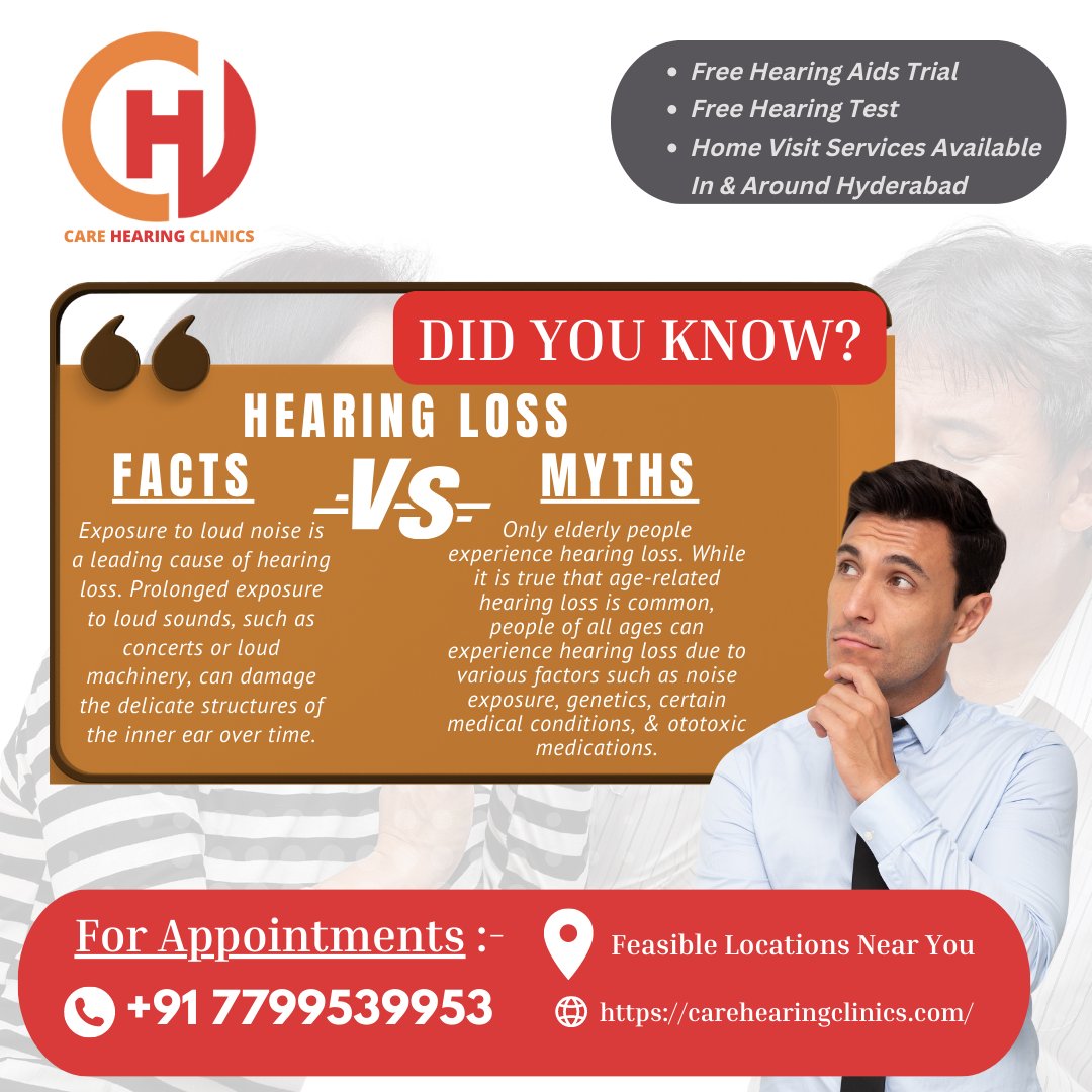 CareHearingHyd's tweet image. 🔊🔍 Did You Know? Facts and Myths About Hearing Loss 🔍🔊
#HearingLossFacts #HearingLossMyths #ExpandYourKnowledge #ExpertAdvice #BetterHearing #ExpertServices #FreeHearingAidsTrial #FreeHearingTest #CallNow #VisitOurWebsite #CareHearingClinics