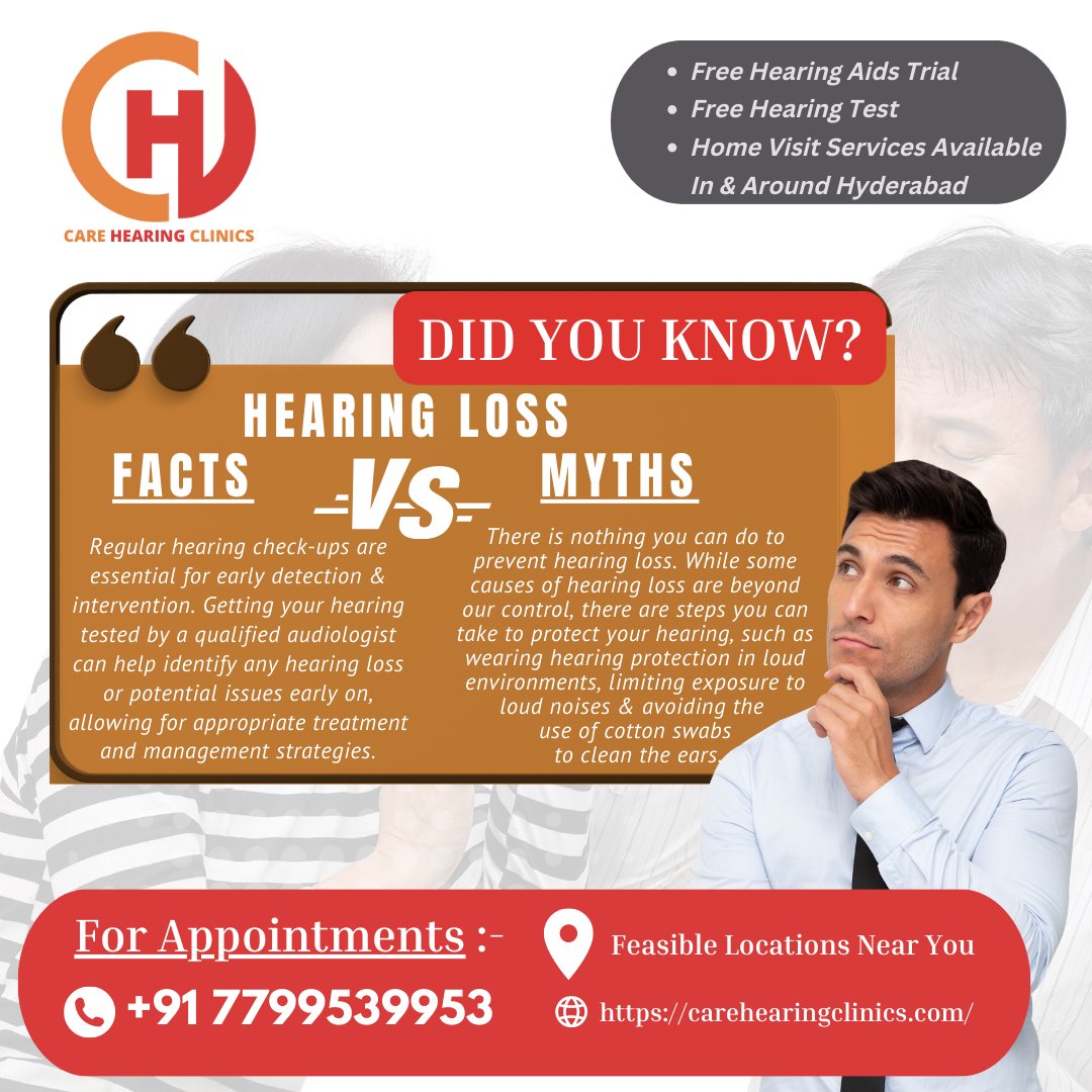 CareHearingHyd's tweet image. 🔊🔍 Did You Know? Facts and Myths About Hearing Loss 🔍🔊
#HearingLossFacts #HearingLossMyths #ExpandYourKnowledge #ExpertAdvice #BetterHearing #ExpertServices #FreeHearingAidsTrial #FreeHearingTest #CallNow #VisitOurWebsite #CareHearingClinics