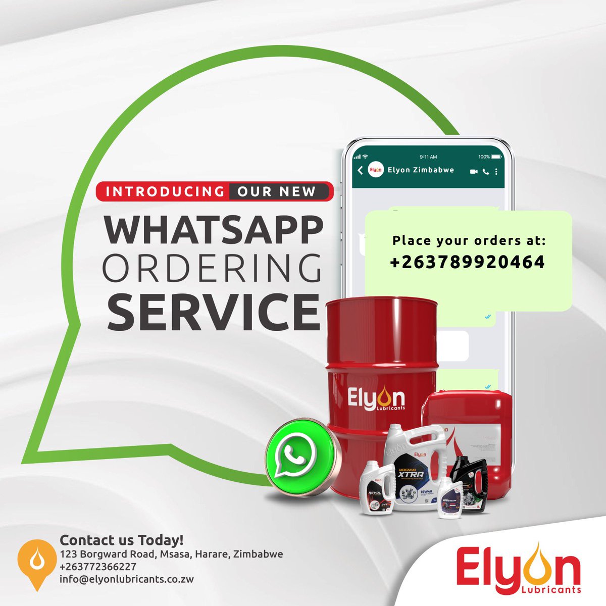 We have great news. You can now make orders through our whatsup platform. #thinkoilthinkelyon