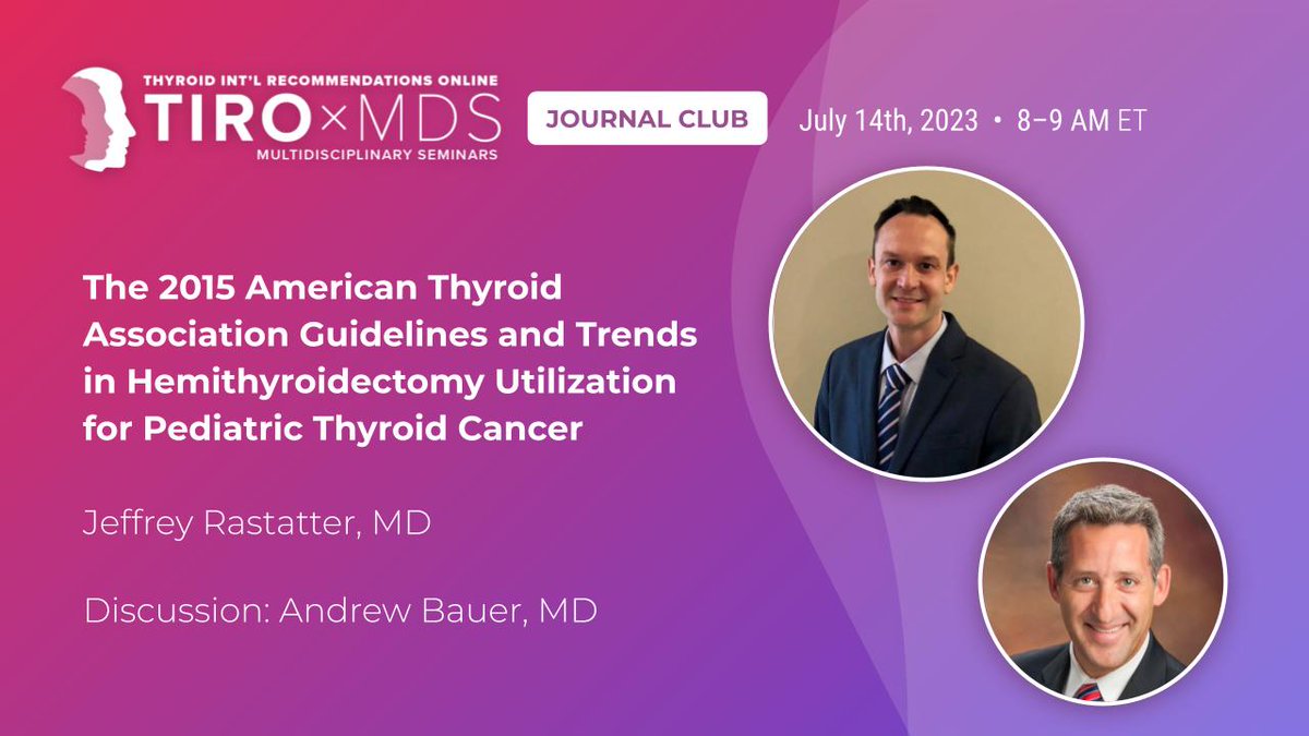 🔔 Este viernes, no te pierdas la sesión de TIRO x MDs sobre 'Tendencias en la utilización de la hemitiroidectomía para el cáncer de tiroides pediátrico'. 🏥👩‍⚕️ Un honor contar con la presentación del Dr. Jeffrey Rastatter. ¡Nos vemos allí! #CáncerDeTiroides #Pediatría #TIROxMDs