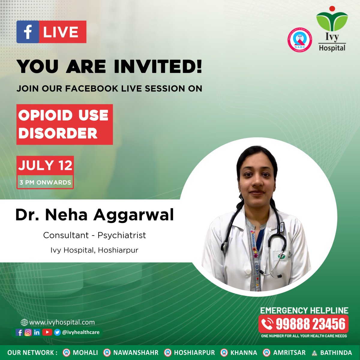LivasaHospitals's tweet photo. Join us for a Facebook Live session on Opioid Use Disorder!
#IvyHealthcare #IvyMohali #IvyBathinda #IvyKhanna #IvyNawanshahr #IvyHoshiarpur #IvyAmritsar #IvyHospitals #OpioidUseDisorder #FacebookLiveSession #MentalHealthMatters https://t.co/p57ALGsM94