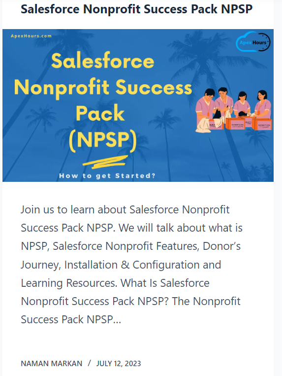 LovNaman's tweet photo. Happy to share that my first #blog post ✍️got #featured today in @ApexHours
Thank you so much for this @amit_sfdc sir 🙏
Kindly share your🤗 #love, #Trailblazers, by spreading the word related to @salesforce #Nonprofit #SuccessPack #NPSP
@SalesforceAdmns
https://t.co/mrdI7R4i5C https://t.co/QHUS9ZntfQ