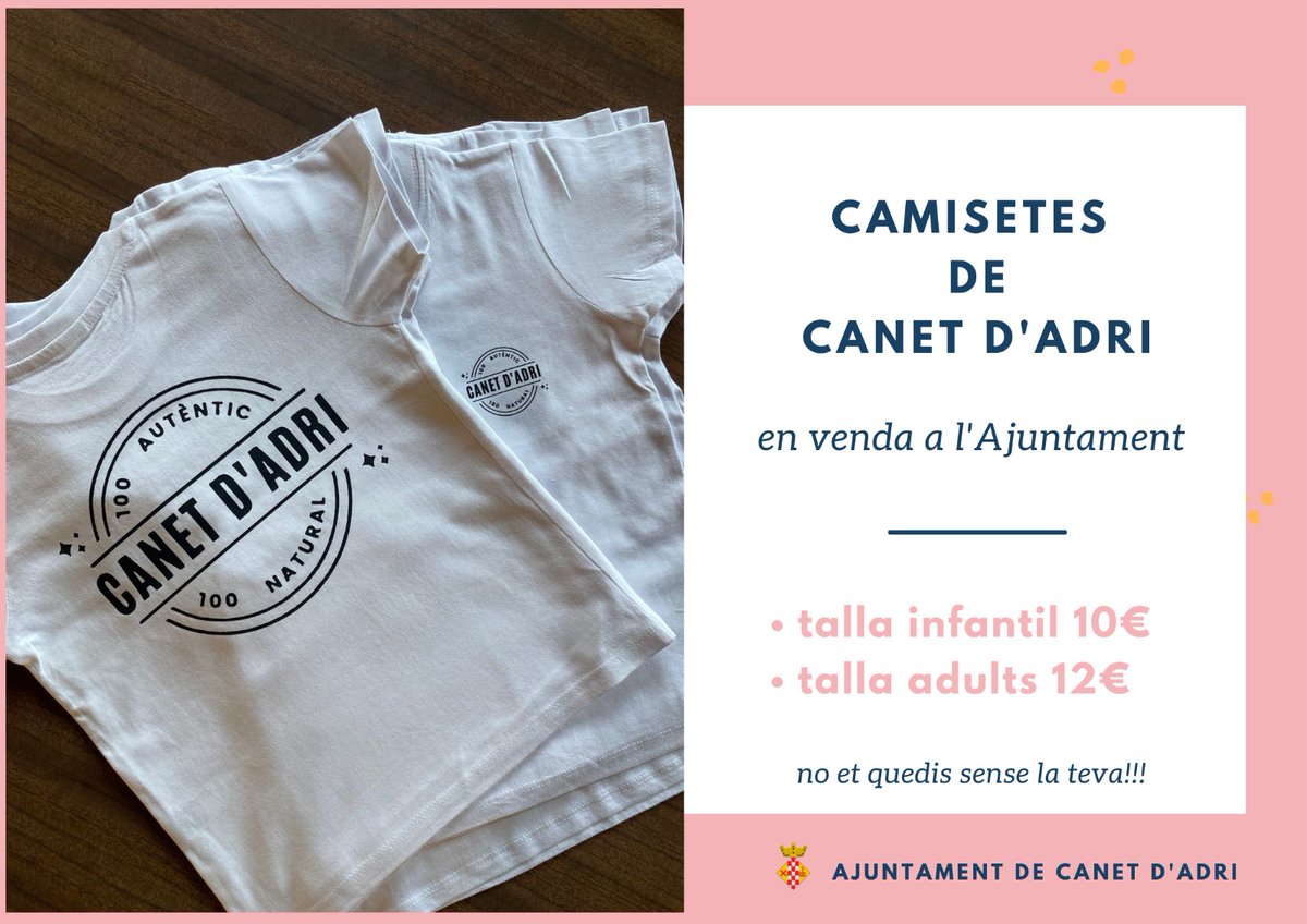 canetdadri's tweet photo. 𝗖𝗔𝗠𝗜𝗦𝗘𝗧𝗘𝗦 𝗗𝗘 𝗖𝗔𝗡𝗘𝗧 𝗗'𝗔𝗗𝗥𝗜! 👕
No perdis l'oportunitat de lluir les noves camisetes de Canet d'Adri! Tenim totes les talles disponibles!

➡️Talla infantil: 10€
➡️Talla adults: 12€

📍 Vine a l'Ajuntament de Canet d'Adri i compra la teva!🛍️ https://t.co/a9ljzogmF3