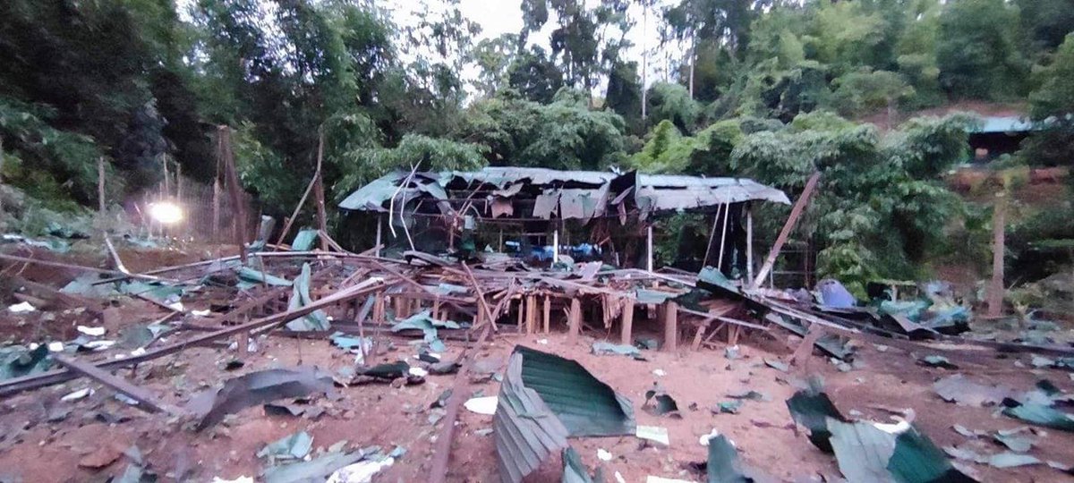 IrrawaddyNews's tweet photo. A man was killed and two women were seriously injured Wednesday when junta aircraft bombed a camp on the Myanmar-Thai border where displaced residents of Maese and Ywathit in Kayah State are sheltering, the Karenni Human Rights Group said. (Photo: KHRG) 
#WhatsHappeningInMyanmar https://t.co/4PbXVz4Fcu