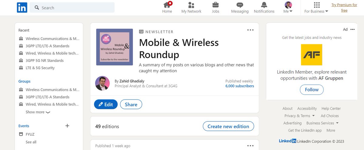 My 'Mobile & Wireless Roundup' newsletter has 6000 subscribers now. You should subscribe if you already don't - linkedin.com/newsletters/mo…

#3G4G5G #Free5Gtraining #Free6Gtraining #ConnectivityTechnology #TelecomsInfra #TelecomsInfrastructure #OperatorWatch #PrivateNetworks