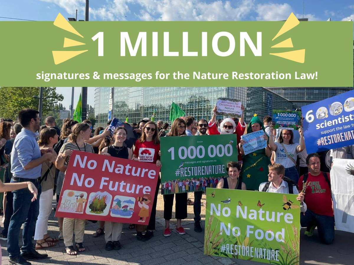 We reached 𝟏 𝐦𝐢𝐥𝐥𝐢𝐨𝐧 signatures & messages for the #RestoreNature law! 🎉 MEPs, this is an abundantly clear sign that citizens want to bring nature back to Europe! Today, vote YES, vote for nature, our future, the economy, climate action & Europe's resilience ✌️