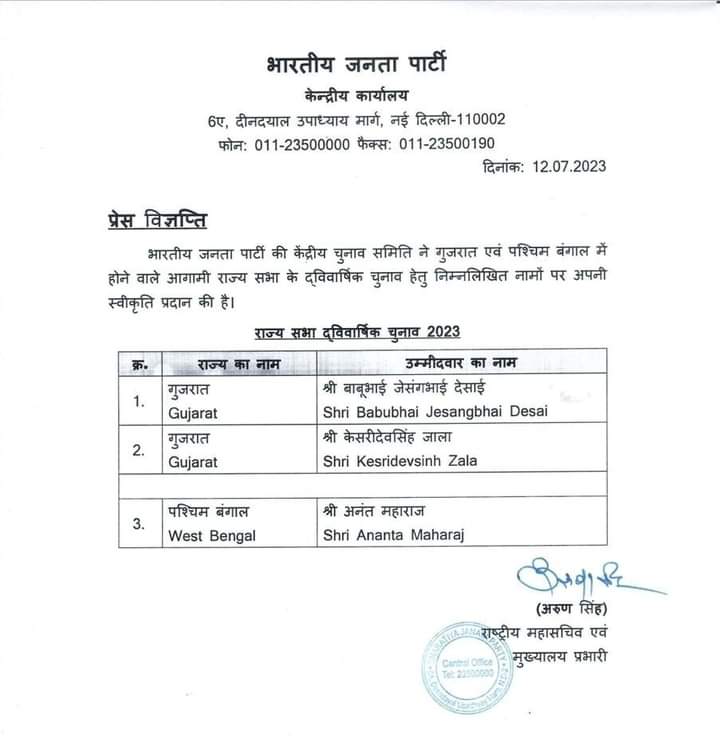 Nareshji2022's tweet photo. केंद्रीय भाजपा समिति द्वारा गुजरात से राज्यसभा सदस्य हेतु श्री बाबुभाई देसाई एवं केसरीदेवसिंह जाला के उम्मीदवार घोषित होने पर हार्दिक शुभकामनाएं एवं बधाई। https://t.co/r5MlHIMXtX