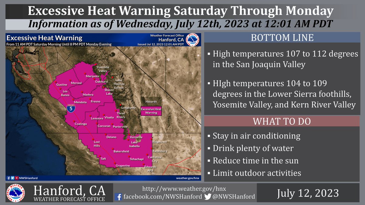 NWS Hanford on X: Excessive Heat Warning for most of Central California  from 11 AM PDT Saturday morning until 8 PM PDT Monday evening. Dangerous  heat will result in a major to