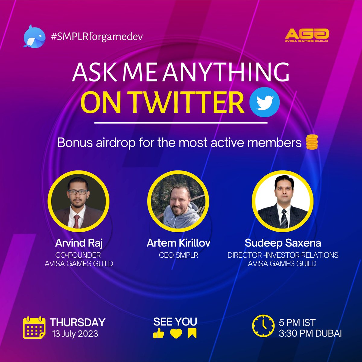 Great announcement for the SMPLR community 🐳

Really glad to invite you to our first ✨AMA session✨ this Thursday.

Our partners from @AvisaGuild will be happy to discuss the GameDev issues and tell about their project. 

Bonus airdrop for the most active members is a MUST 🎁