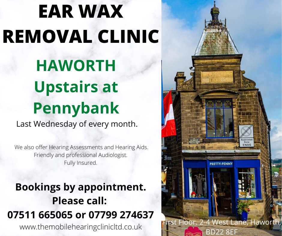 TMHCLtd's tweet photo. DATE CHANGE - our next #earwaxremoval and #hearing Clinic in #haworth (Upstairs at Pennybank). will be on Wednesday 19th July 2023 this month. Please call 07511 665065 if you would like to make an appointment. #homevisits available for other dates.
#hearingaids #audiology https://t.co/CmCzE07tOP