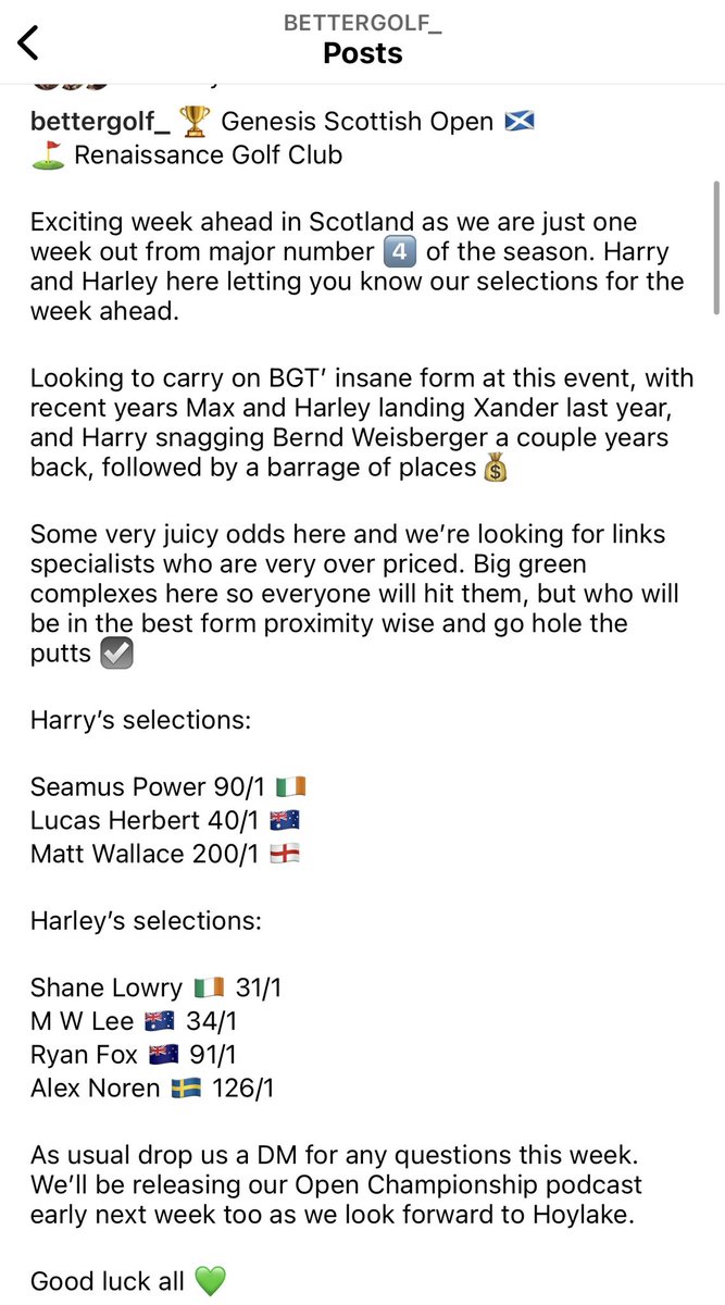 BetterGolftips_'s tweet photo. Here’s better golf tips’ plays this week. Harry and Harley’s selections attached 👇 
@ShortGameBets @hwhite__ https://t.co/o668Lg6qwd