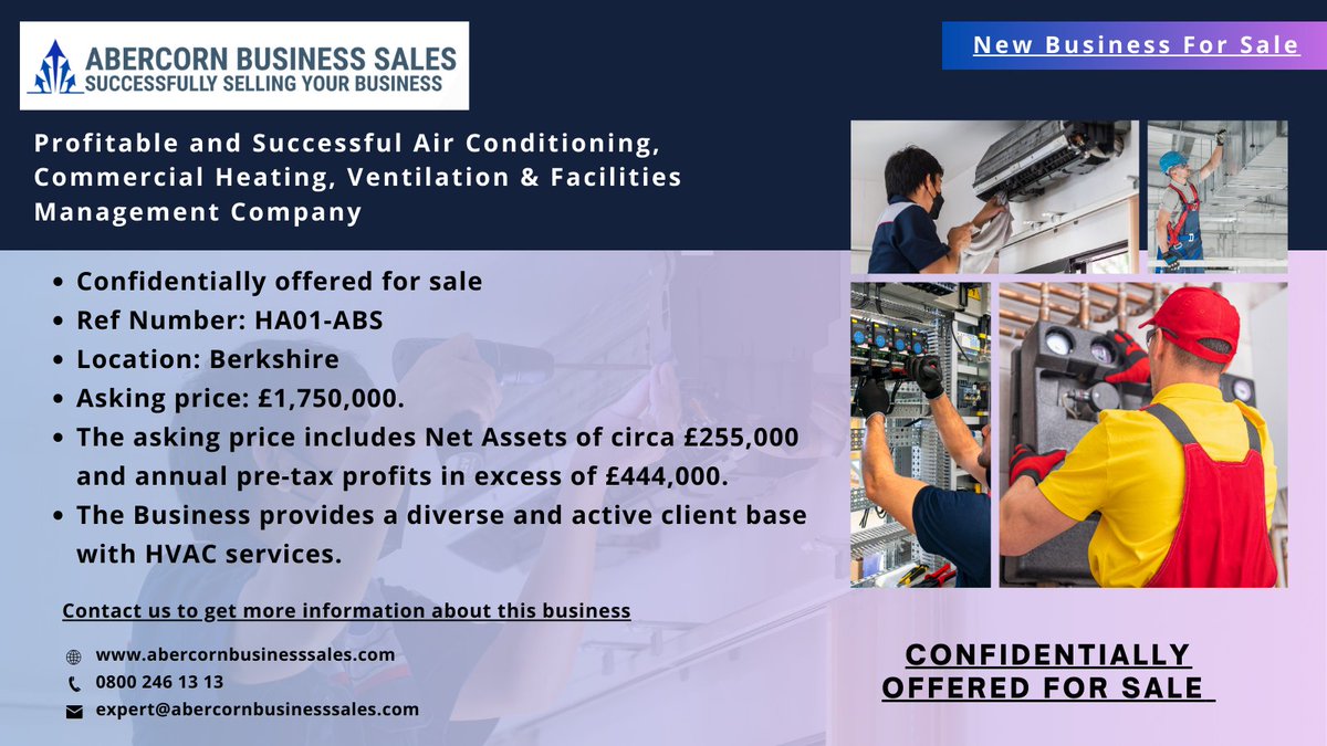 New Business for Sale: Profitable and Successful Air Conditioning, Commercial Heating, Ventilation & Facilities Management Company

Link: bit.ly/44DfrTu

#Newbusinessforsale #airconditioningbusiness #commercialheating #facilitiesmanagement #Ventilationbusiness