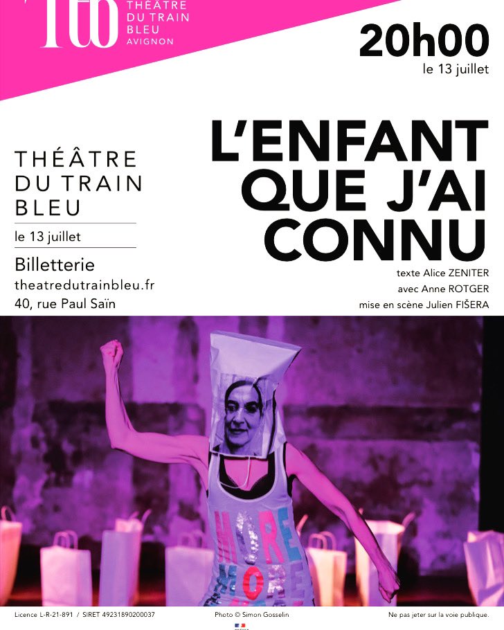 Espacecommun's tweet photo. L’ENFANT QUE J’AI CONNU
d’Alice Zeniter, mise en scène Julien Fisera, avec Anne Rotger

> représentation unique le 13/07
> au Théâtre du Train Bleu à Avignon
> à 20h, durée 1h05

#alicezeniter @AnneRotgerArt #theatredutrainbleu #avignonoff https://t.co/Ph2kvB8KB1