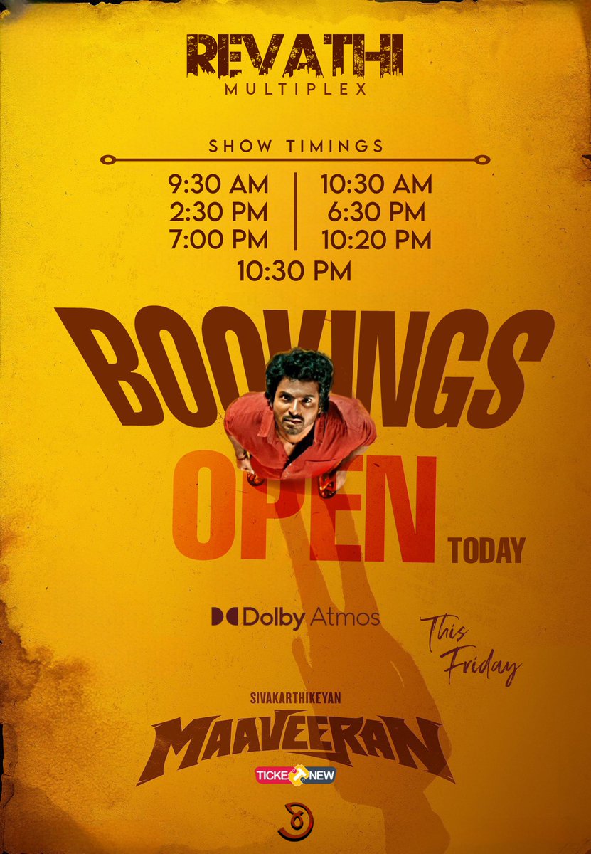 BOOKINGS OPEN for #Maaveeran 
Experience the fantasy with DOLBY ATMOS and 4k projection in your Revathi Multiplex, Palani
Get your tickets now 🎫
#MaaveeranFromJuly14th
