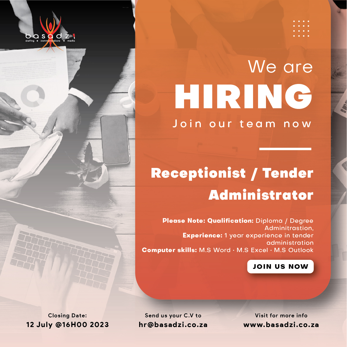 BasadziGroup's tweet photo. We're hiring!

We're excited to announce that we're looking for a Receptionist/ Tender Administrator. Check out our website to learn more and apply today!

#hiring #careers #jobseekers https://t.co/OBmMeAj0DV