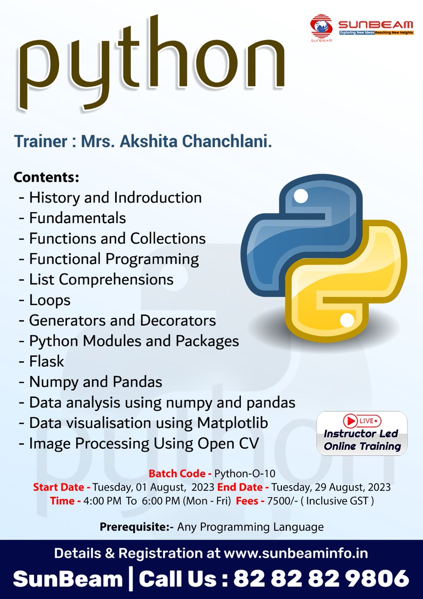 siitofficial's tweet image. Nowadays ๐๐ฒ๐ญ๐ก๐จ๐ง is so popular in a variety of domains from embedded to web development and testing to data science. Grab the opportunity to ๐ฅ๐๐๐ซ๐ง ๐๐ฒ๐ญ๐ก๐จ๐ง from scratch from our excellent certified trainer.
#pythontraining #pythonprogramming #pythonclasses #SunBeam