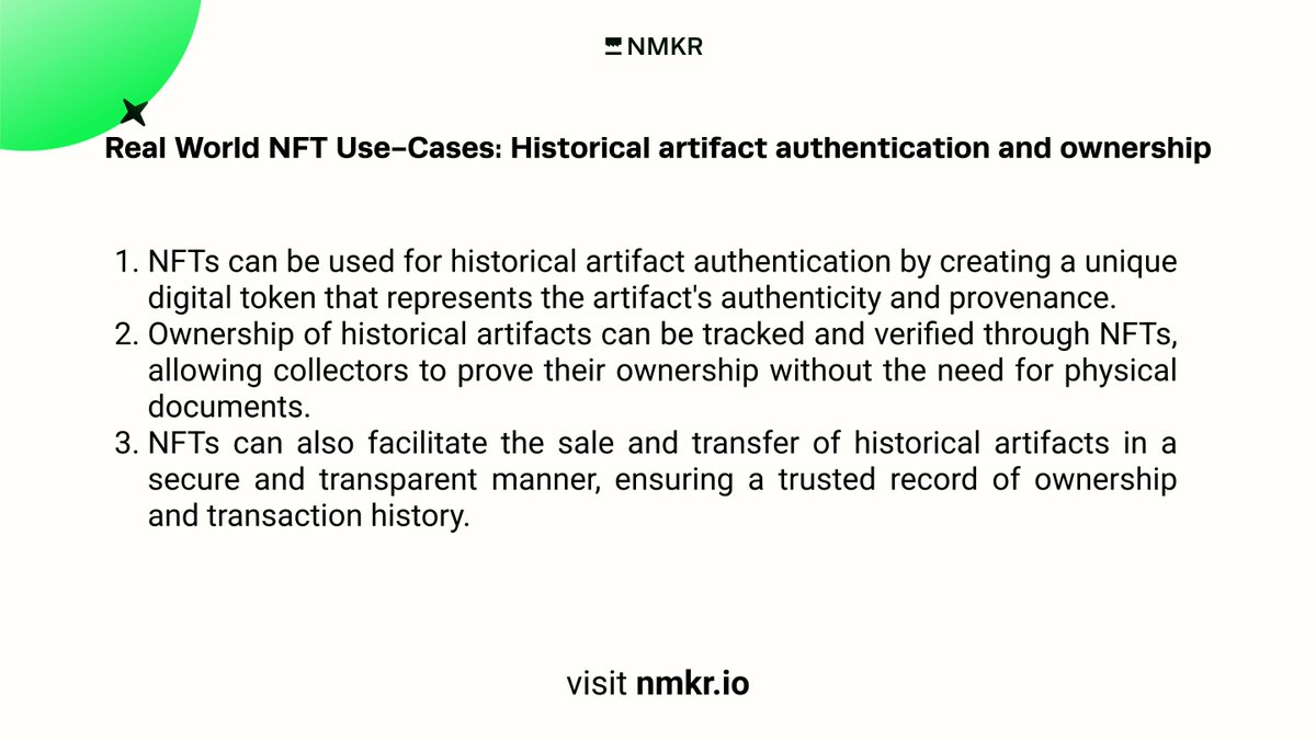 nmkr_io's tweet image. "NFTs have the power to change the world! At NMKR, we're focused on building tools for real-world use cases. For example, authenticating and owning historical artifacts. #NFTs #RealWorldUseCases"