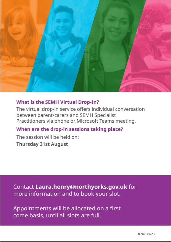 Please see below for information on SEMH virtual drop in for parents: