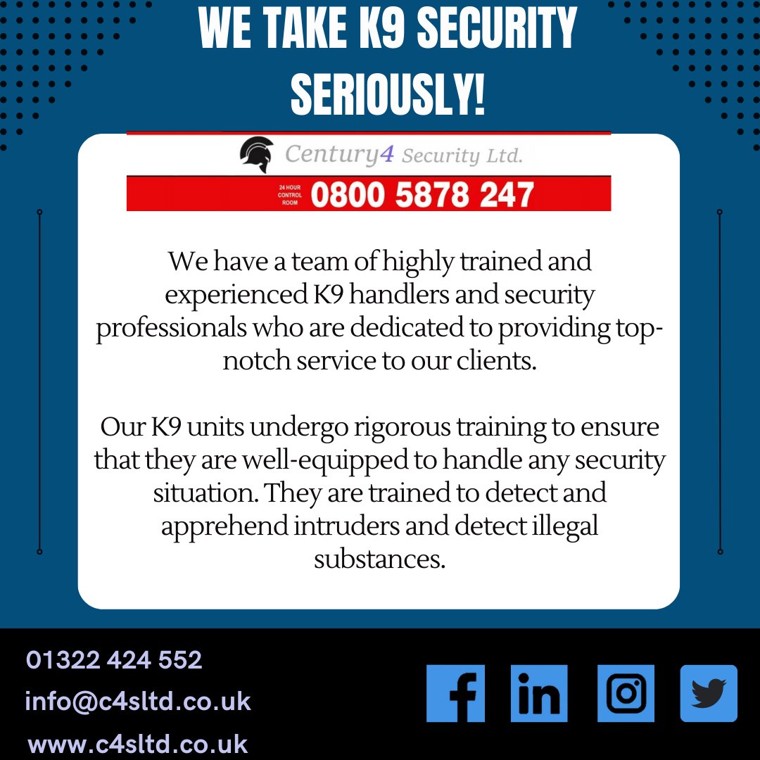 Our handlers have years of experience working with K9 units and are experts in their field!

#k9security #dogunit #securityservices #century4security #securityindustry #uksecurity #mannedguarding #doghandling