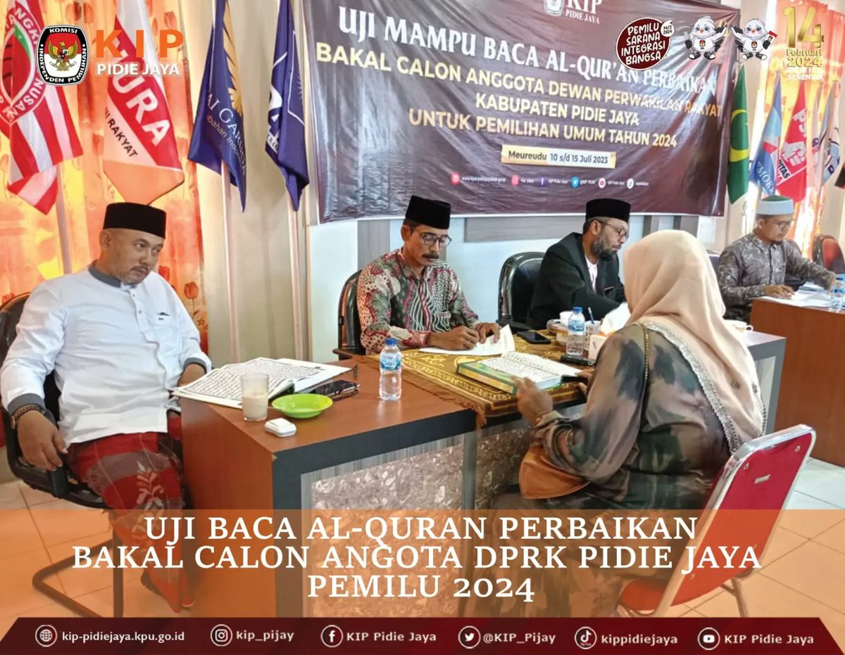 KIP_Pijay's tweet photo. #TemanPemilih
 KIP Kabupaten Pidie Jaya melaksanakan Uji Mampu Baca Al-Qur'an pada masa perbaikan bagi Bakal Calon Anggota DPRK Pidie Jaya untuk Pemilu 2024 di Aula KIP Pidie Jaya, Rabu, 12 Juli 2023.

#kippidiejaya
#KPUMelayani 
#PemiluSerentak2024 https://t.co/Ibblsg8D0y
