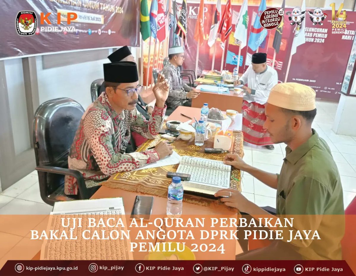 KIP_Pijay's tweet photo. #TemanPemilih
 KIP Kabupaten Pidie Jaya melaksanakan Uji Mampu Baca Al-Qur'an pada masa perbaikan bagi Bakal Calon Anggota DPRK Pidie Jaya untuk Pemilu 2024 di Aula KIP Pidie Jaya, Rabu, 12 Juli 2023.

#kippidiejaya
#KPUMelayani 
#PemiluSerentak2024 https://t.co/Ibblsg8D0y