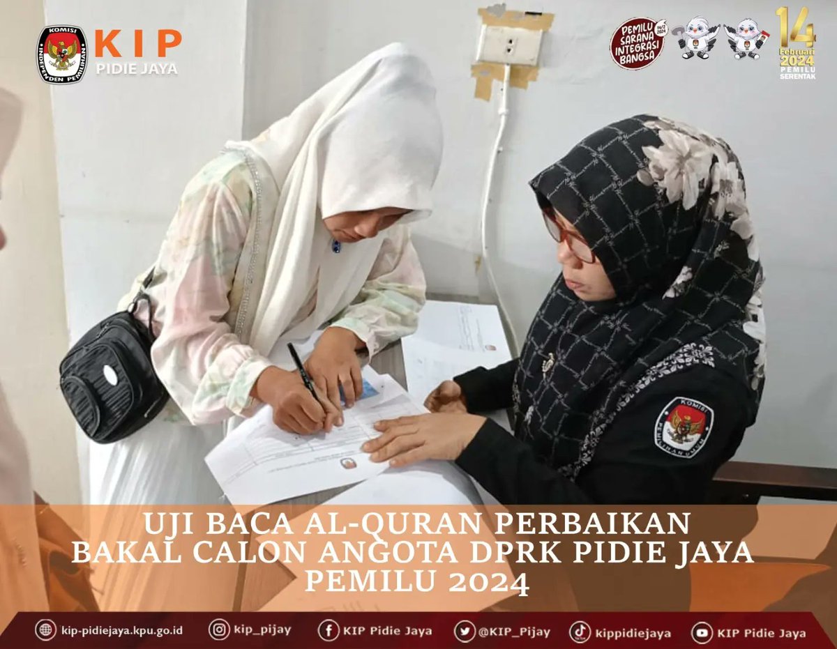 KIP_Pijay's tweet photo. #TemanPemilih
 KIP Kabupaten Pidie Jaya melaksanakan Uji Mampu Baca Al-Qur'an pada masa perbaikan bagi Bakal Calon Anggota DPRK Pidie Jaya untuk Pemilu 2024 di Aula KIP Pidie Jaya, Rabu, 12 Juli 2023.

#kippidiejaya
#KPUMelayani 
#PemiluSerentak2024 https://t.co/Ibblsg8D0y
