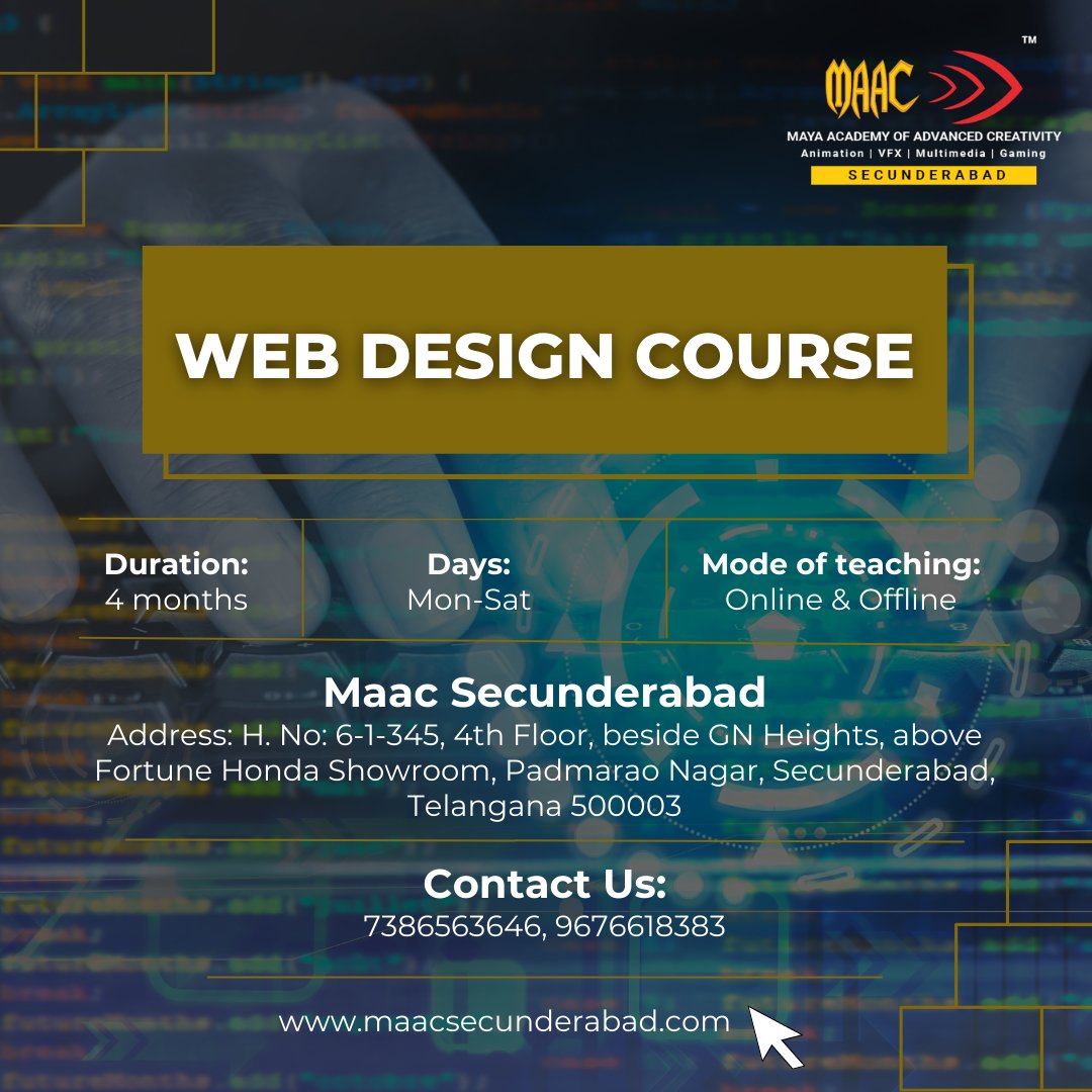 MayaAdvanced's tweet photo. Web Design Masterclass: Building Stunning Websites from Scratch. Join Maac Secunderabad to Become a Web Design Professional.
#animation #vfx #multimedia #filmmaking #gaming #graphicdesign #maacsecunderabad #hyderabad #visualeffects #opportunity #webdesign #career https://t.co/9xlDLGuHfQ