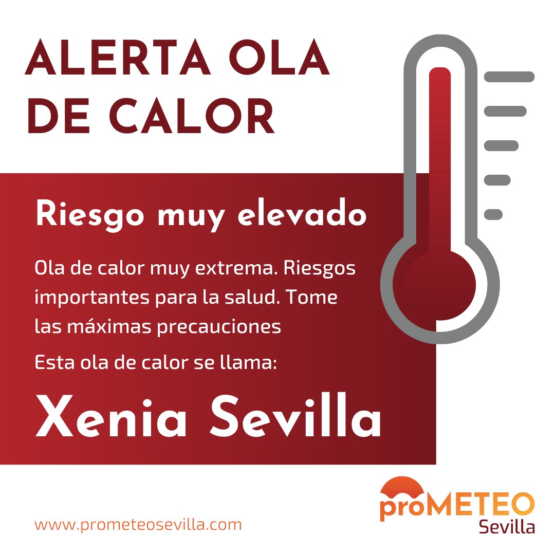 ☀️ #XeniaSevilla se mantiene hoy en nivel alto, con temperaturas máximas en torno a los 42 pero con un leve descenso en las temperaturas mínimas para hoy, en torno a los 23 grados.🌡️

✍️ Todas las medidas de prevención son necesarias para tí y quienes te rodean.

#prometeosevilla