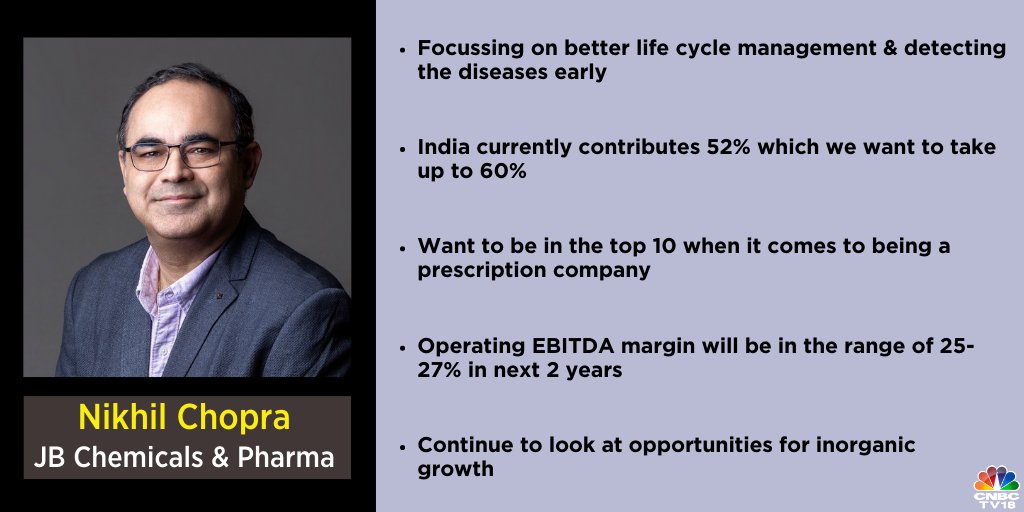 #OnCNBCTV18 | Operating #EBITDA margin will be in the range of 25-27% in next 2 years. We are looking at opportunities for inorganic #growth, says Nikhil Chopra of JB Chemicals & Pharma